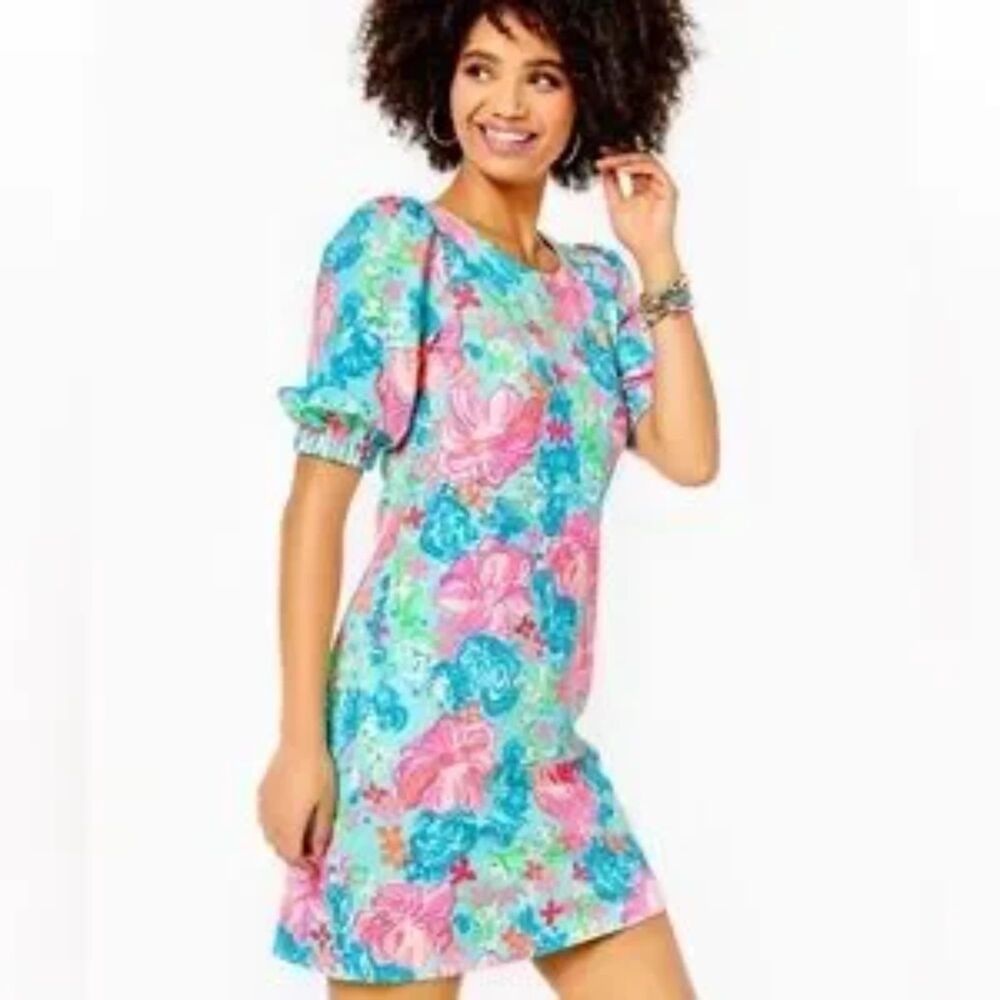 Lilly Pulitzer Luscious Lions Cayce Short Puff Sleeve Cotton Mini Dress | Small